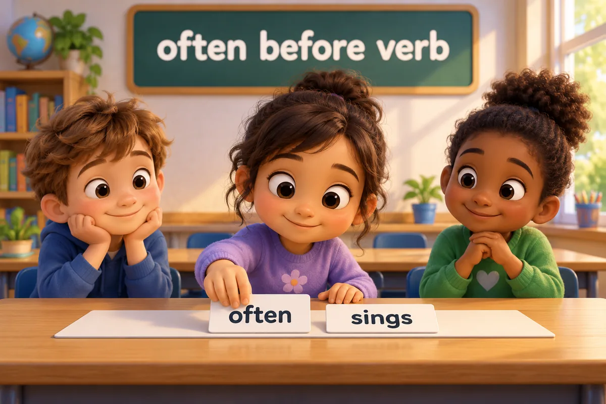 A cartoon child slides a card reading often in front of a verb card reading sings on a strip.