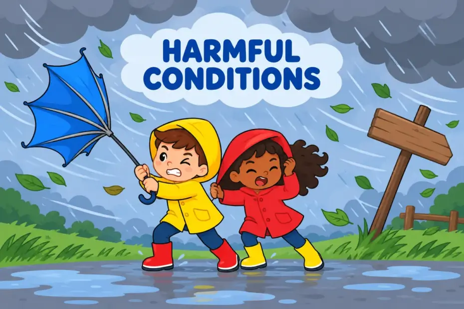 Cartoon children brace against wind and rain while a broken signpost leans, showing adverse in a sentence as harmful conditions.