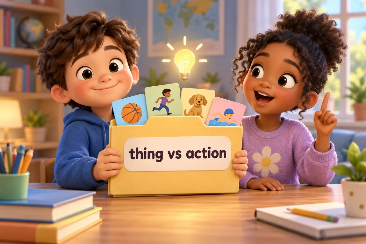 Cartoon children show advice vs advise: one child holds a folder of suggestions while another speaks them aloud with a raised finger.