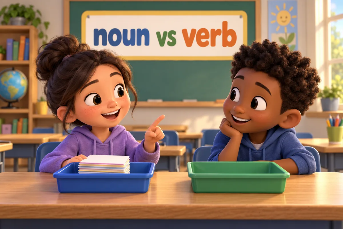 Two cartoon children at a desk, one beside a labelled folder of suggestions and the other speaking with a pointing finger.