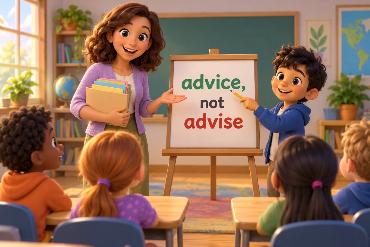 A cartoon teacher holds up a folder labelled suggestions while a pupil points at the noun word on a board.