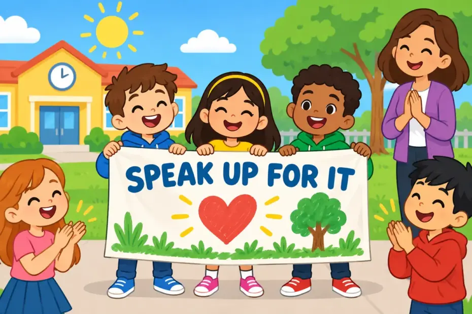 Cartoon pupils raise a painted banner for a playground fund, showing advocate in a sentence as speaking up for a cause.