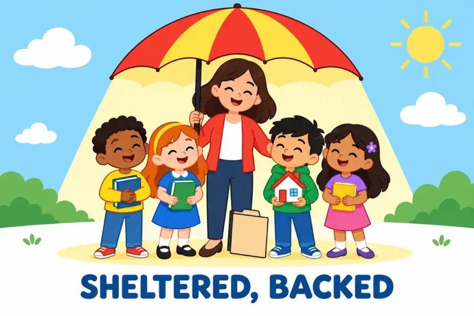 A cartoon adult holds a large umbrella over small children, showing aegis in a sentence as official protection and backing.