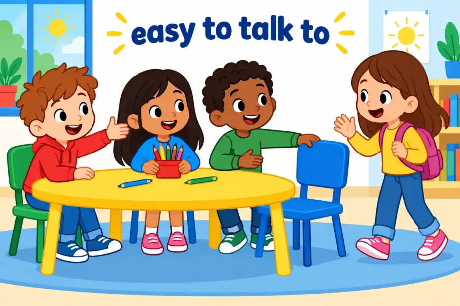 Cartoon children welcome a newcomer, showing affable in a sentence as friendly and easy to talk to.