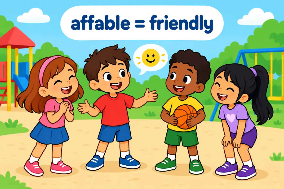 A cartoon boy chats happily with three classmates, showing affable as a friendly, easy manner.