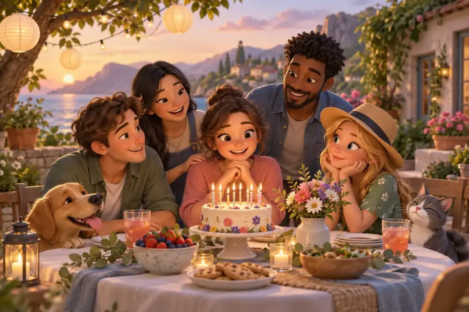 Friends gather around a simple decorated table at a small outdoor celebration.