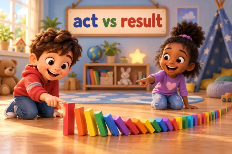 Cartoon children show affect vs effect: one child pushes a domino while the other points to the fallen pattern it leaves.