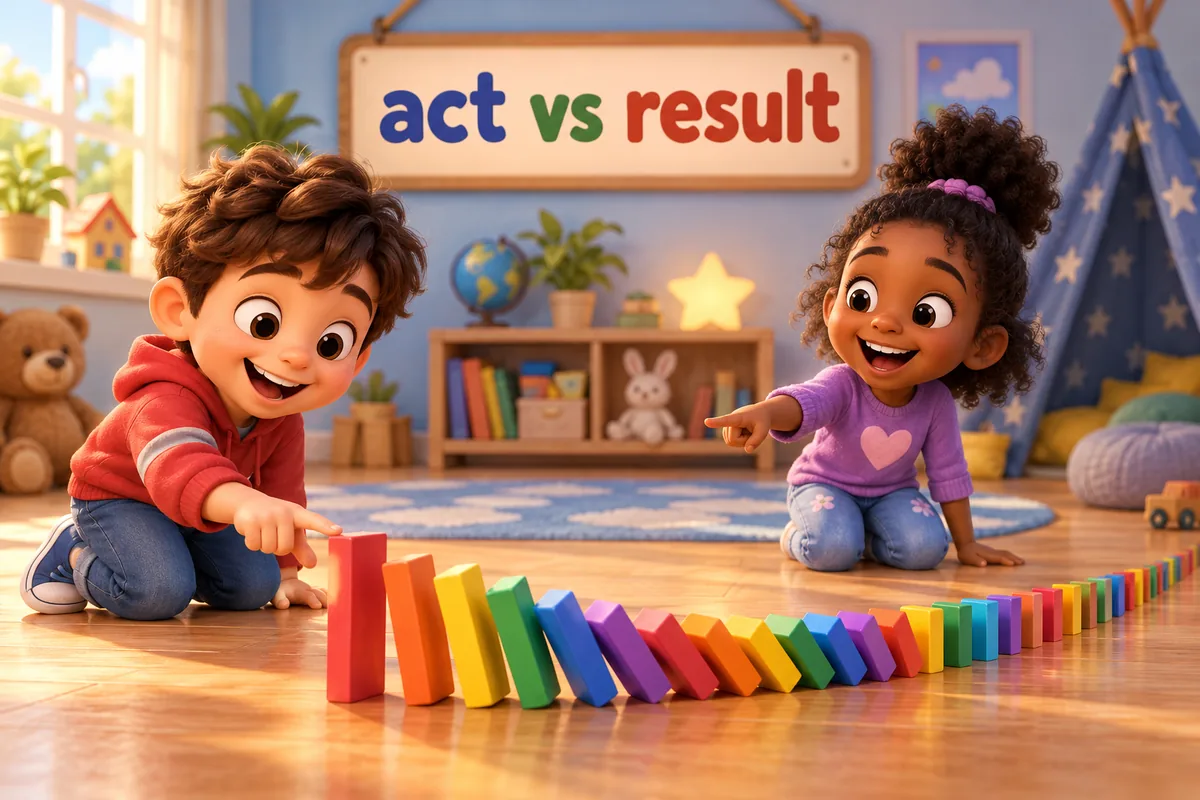 Cartoon children show affect vs effect: one child pushes a domino while the other points to the fallen pattern it leaves.