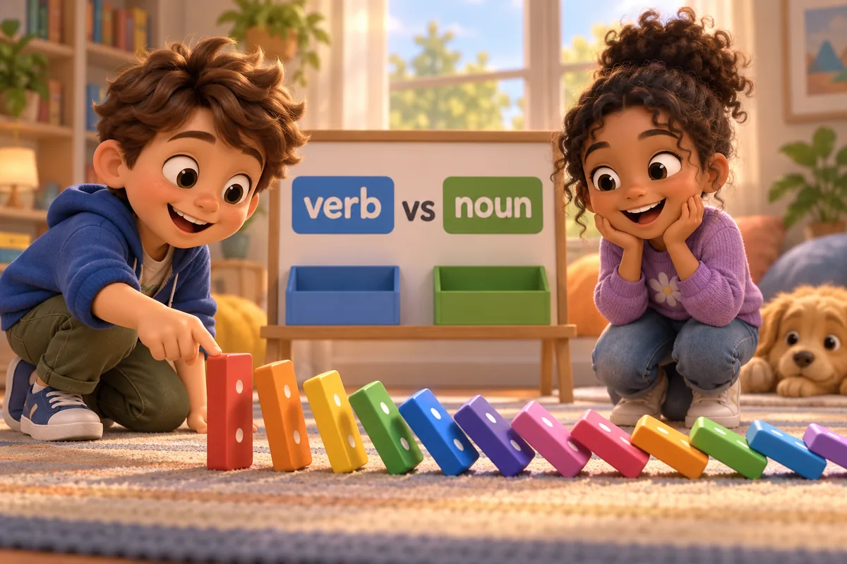 Two cartoon children watch a tall domino line, one child pushing the first tile and the other pointing at the fallen pattern.