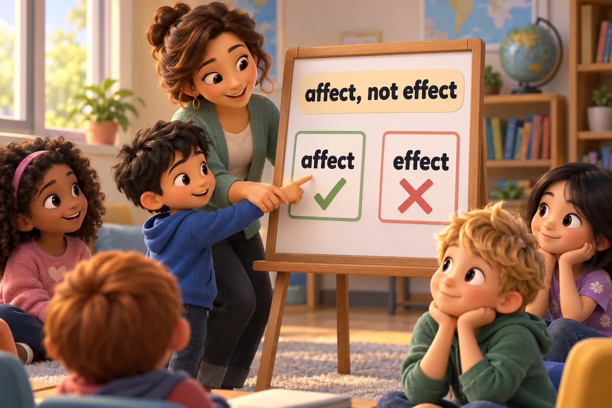 A cartoon teacher points to two word cards on a board, guiding a child to the verb card labelled with action.