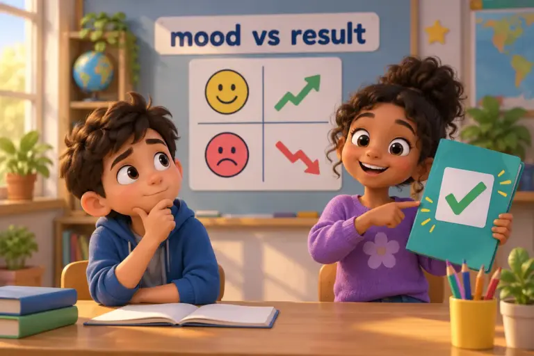 Cartoon children show affective vs effective: one studies a mood chart while the other raises a finished, ticked project folder.