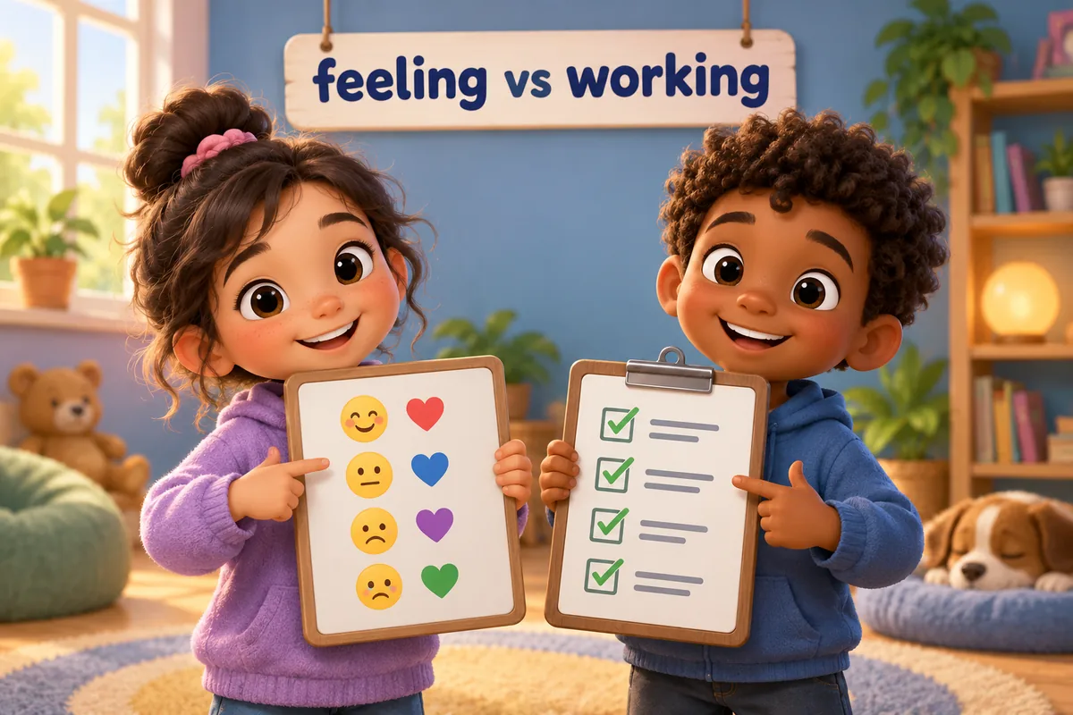 Two cartoon children compare a heart chart and a checklist, one showing feelings and the other showing a finished task.