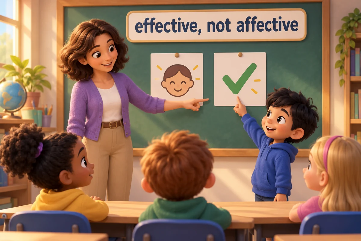 A cartoon teacher points to two cards on a board, one showing a smiling face and the other a tick, directing a child to the tick.