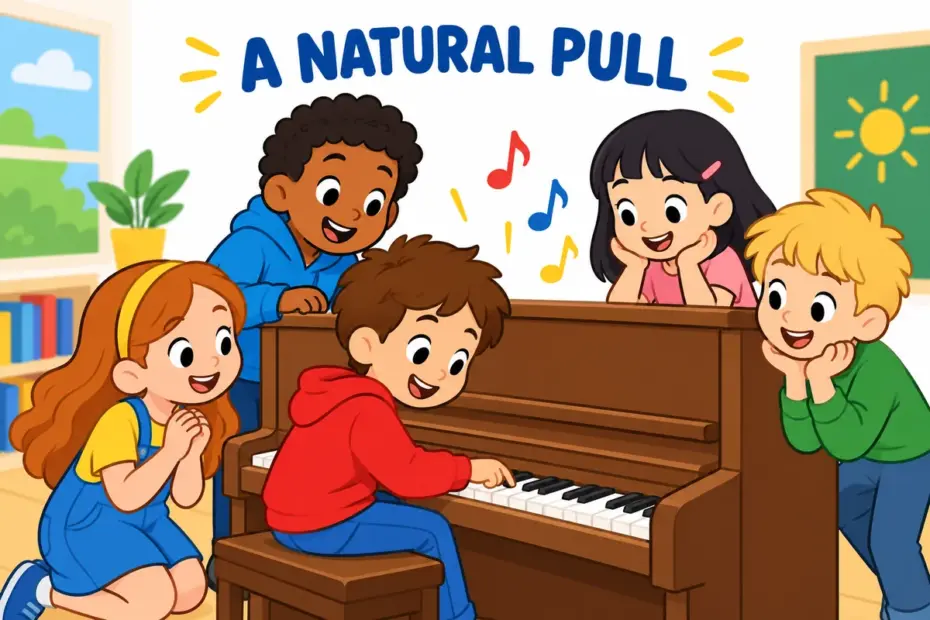 Cartoon children gather around a piano, showing affinity in a sentence as a natural pull toward music.