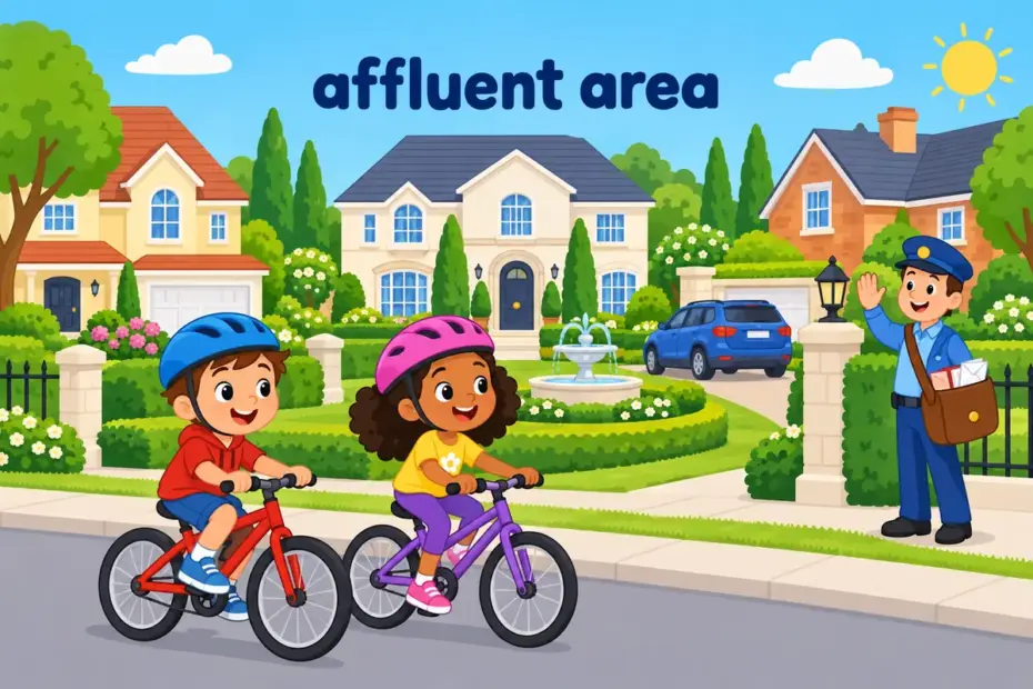 Cartoon children cycle past large houses and a fountain, showing affluent in a sentence as a well-off neighbourhood.