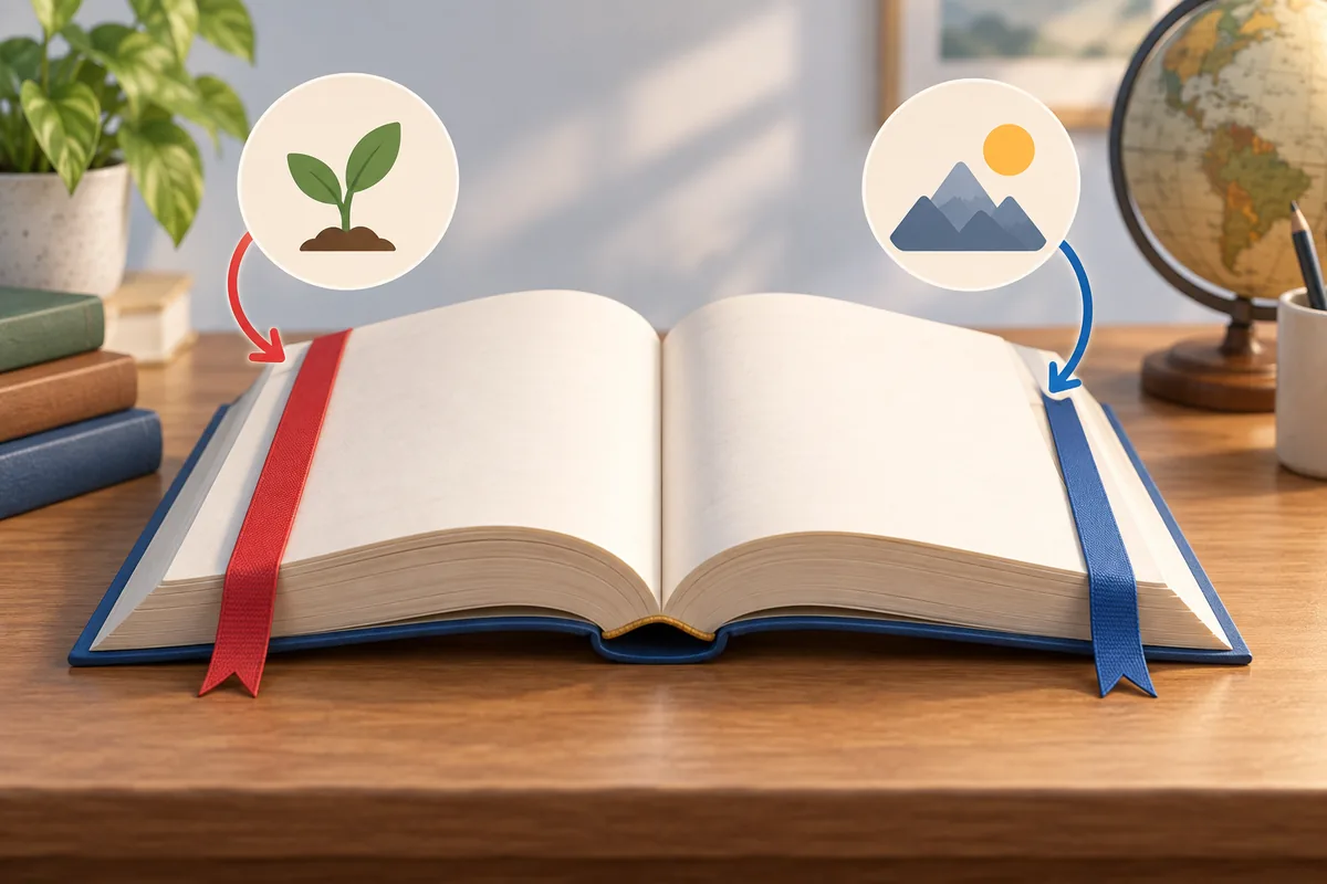 Two bookmarks mark the opening and closing sections of a book.