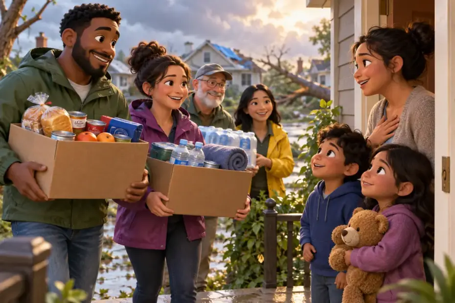 Neighbors share food and offer practical help to a family after a storm.