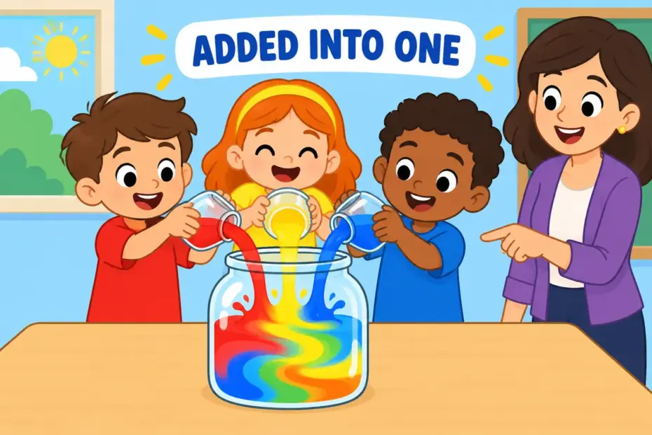Cartoon pupils pour three small class jars into one big jar, showing aggregate in a sentence as a combined total.