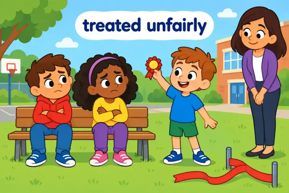 Cartoon children sit apart with folded arms after a race, illustrating aggrieved in a sentence as feeling wronged.