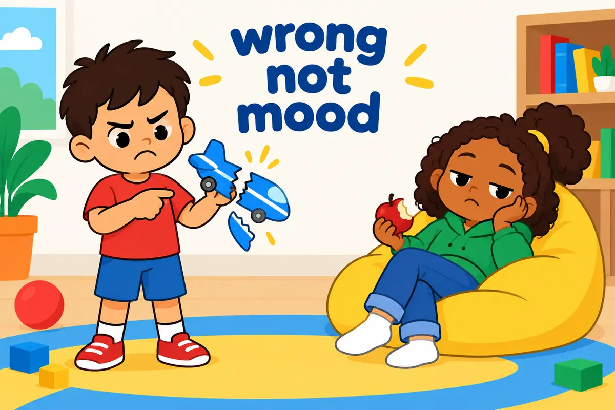 A single cartoon scene contrasts a wronged child holding a broken model with a merely bored child slouched nearby.