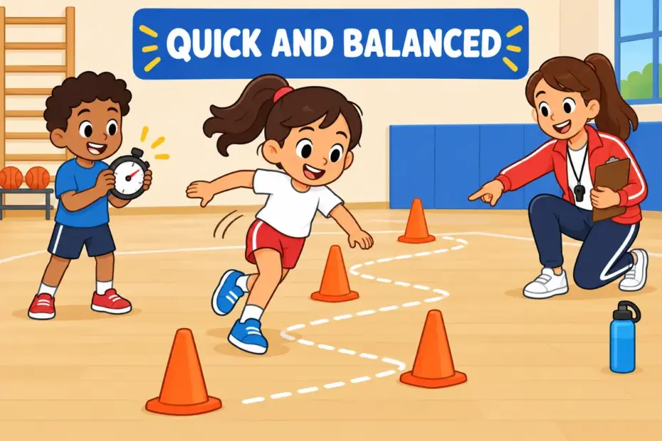 Cartoon pupils weave through a cone course, showing agility in a sentence as quick, balanced movement.