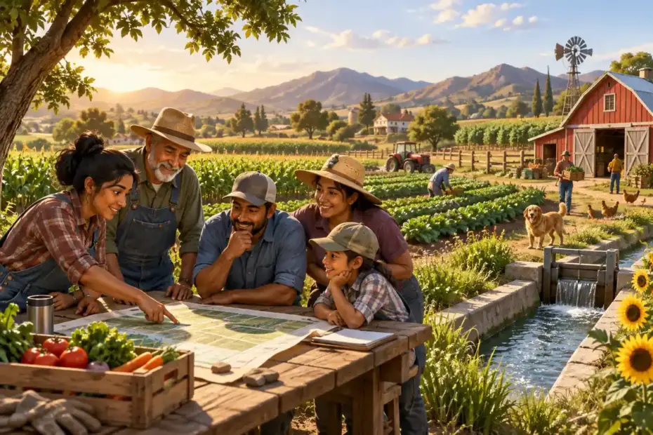 A farming community plans its work across cultivated fields.