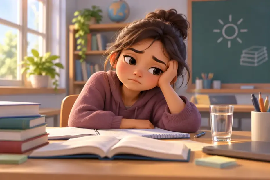 A tired student rests at a desk with books open, suggesting a problem that affects concentration.