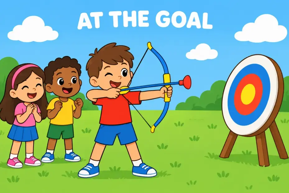 A cartoon child aims a toy bow at a round target, showing aim at in a sentence as pointing effort toward a goal.