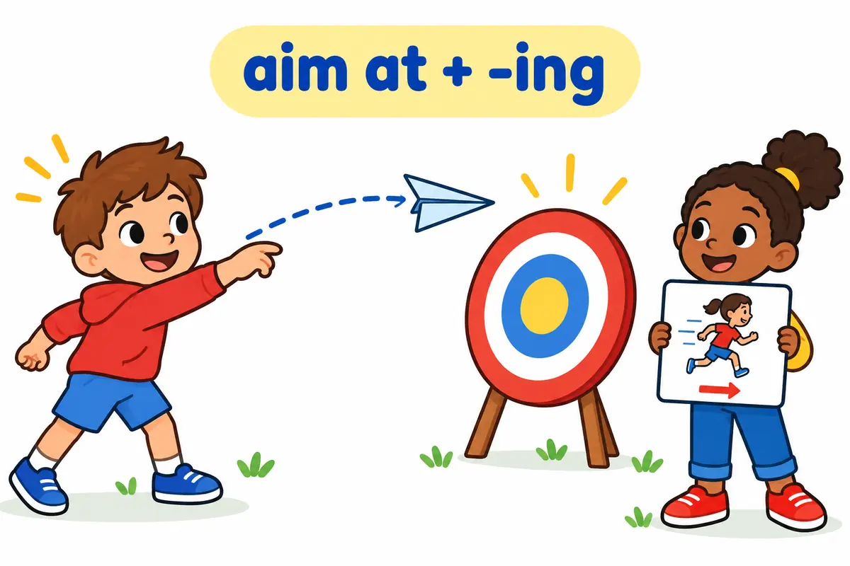 A cartoon child aims a paper plane at a round target while another child reads a card showing a running figure.