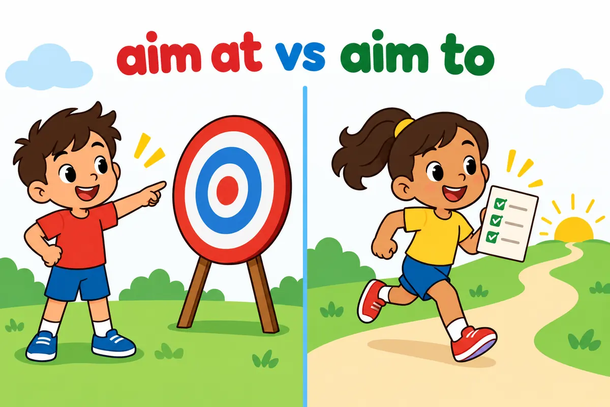 A cartoon split scene contrasts a child pointing at a target with a child holding a simple to-do list.