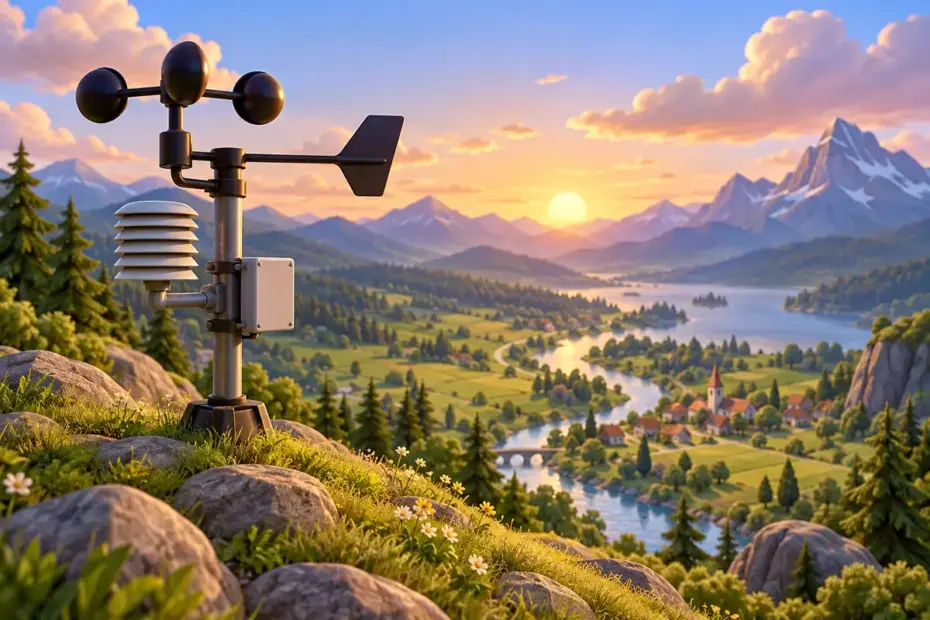 A weather instrument stands on a hill overlooking a valley.