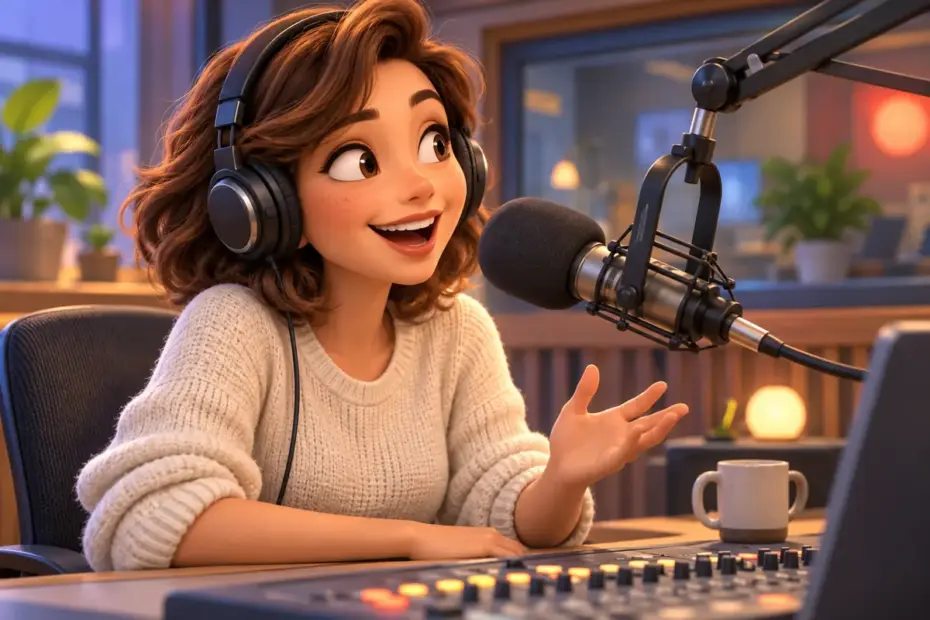 A radio presenter speaks into a studio microphone.