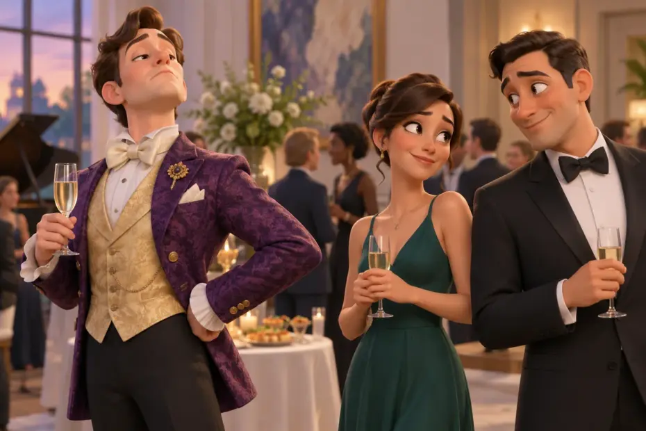 A man in elaborate purple formalwear poses with his chin raised at a reception while two guests glance toward him.