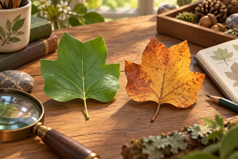 Two different leaves share a similar shape on a naturalist’s tabletop.