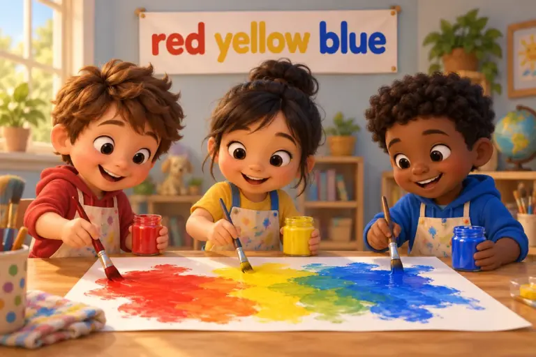 Cartoon children paint an all color mixing chart, starting from red, yellow and blue pots on a table.