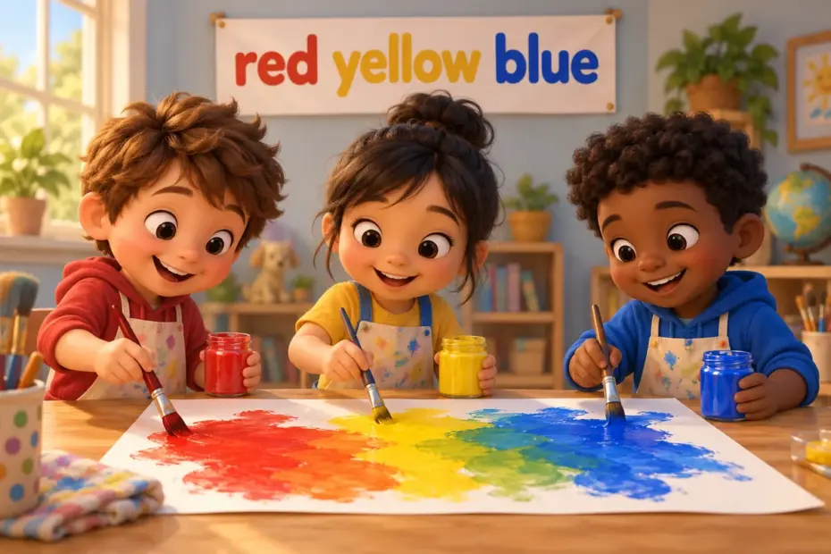 Cartoon children paint an all color mixing chart, starting from red, yellow and blue pots on a table.