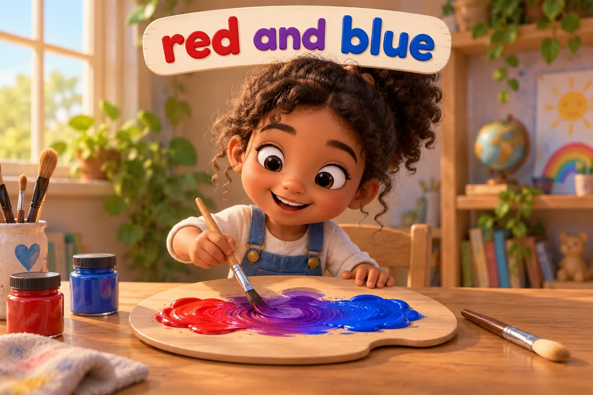 A cartoon child stirs red and blue paint to make violet on a flat palette.