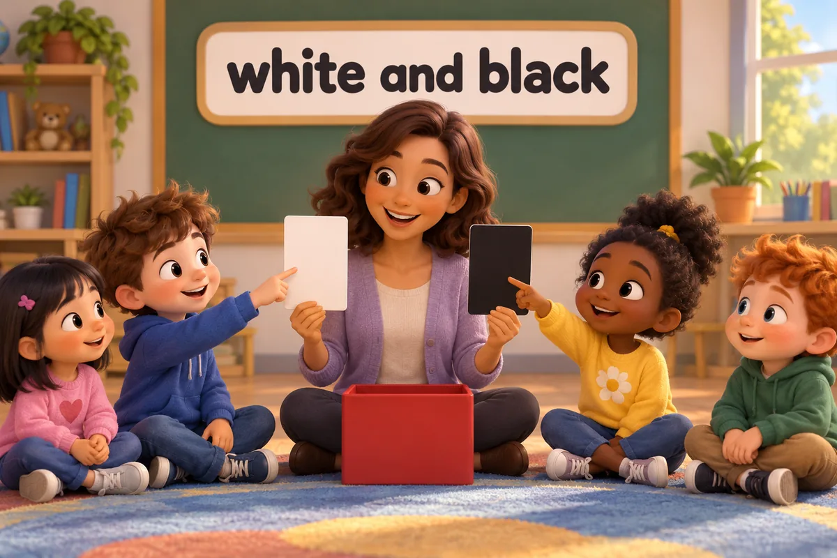 A cartoon teacher points to two cards, one tinted with white and one shaded with black, beside a red base.
