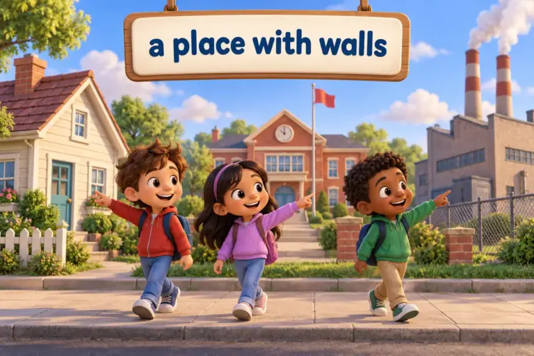 Cartoon children walk past a house, a school and a factory in one street, showing all types of buildings names for young learners.