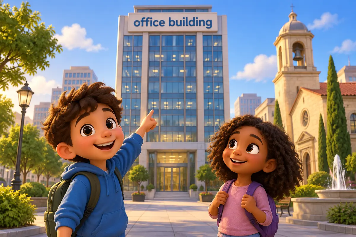 A cartoon child points to a sign at the top of a tall office block beside a smaller school block.