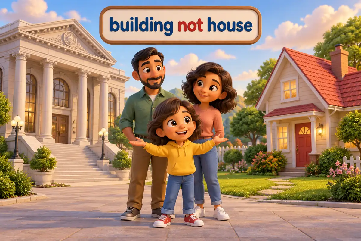 A cartoon family stands outside a wide public building on one side and a small house on the other.