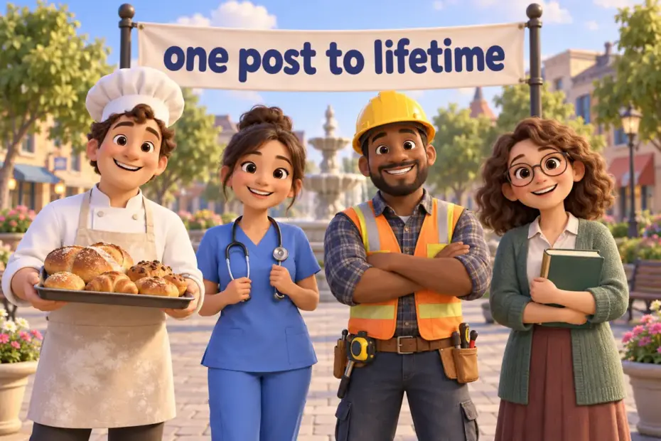 Cartoon workers of different trades stand in a row from a baker to a doctor, showing all types of jobs professions careers and occupations.