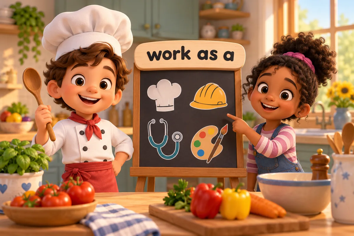 A cartoon child in a chef hat stands at a counter while a friend points to a job sign board.