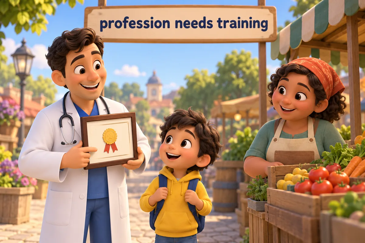 A cartoon doctor and a cartoon shopkeeper stand side by side, the doctor holding a certificate.