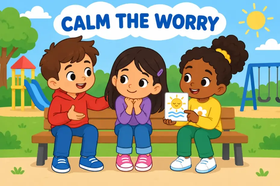 Cartoon friends comfort a worried child with a calm explanation, showing allay in a sentence as easing a fear.