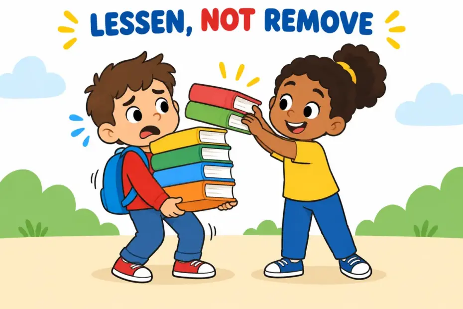 A friend makes a heavy load less severe without removing it, illustrating alleviate in a sentence.