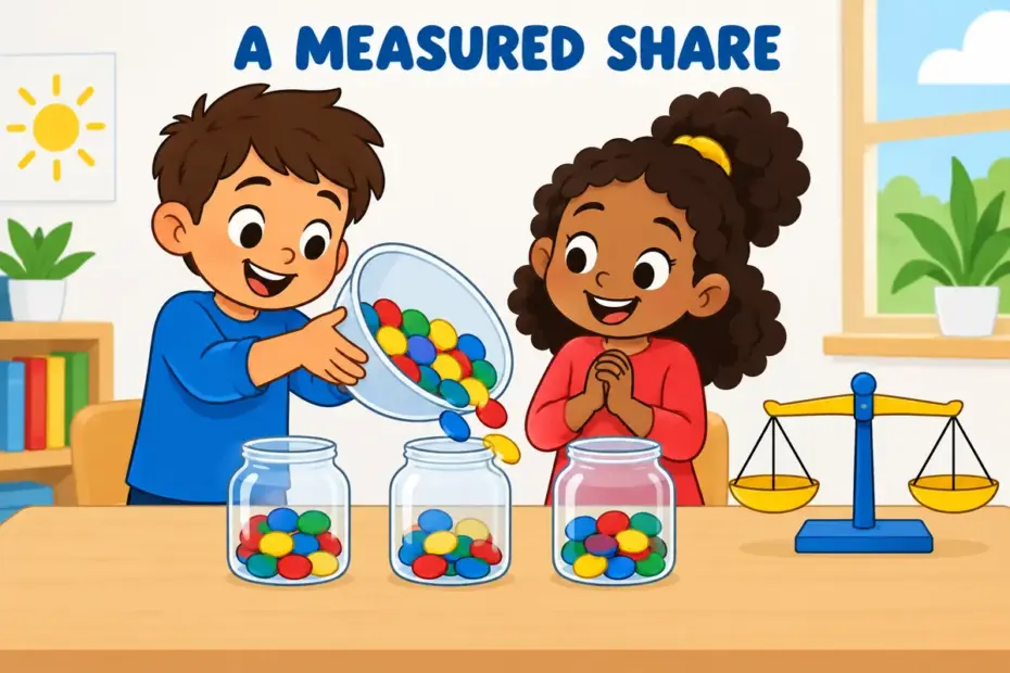 Cartoon children divide coloured tokens among labelled jars, showing allocate in a sentence as sharing out a resource.