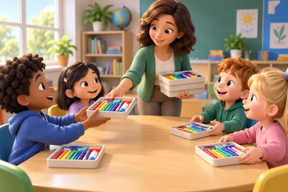 A teacher distributes art supplies among students at a classroom table.