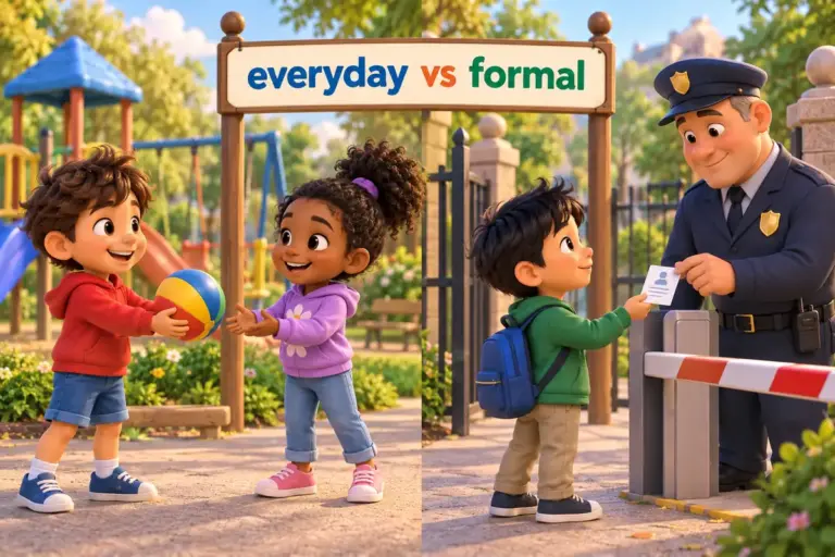 Cartoon children show allow vs permit: one child lends a ball to a friend while a guard checks a printed pass at a gate.