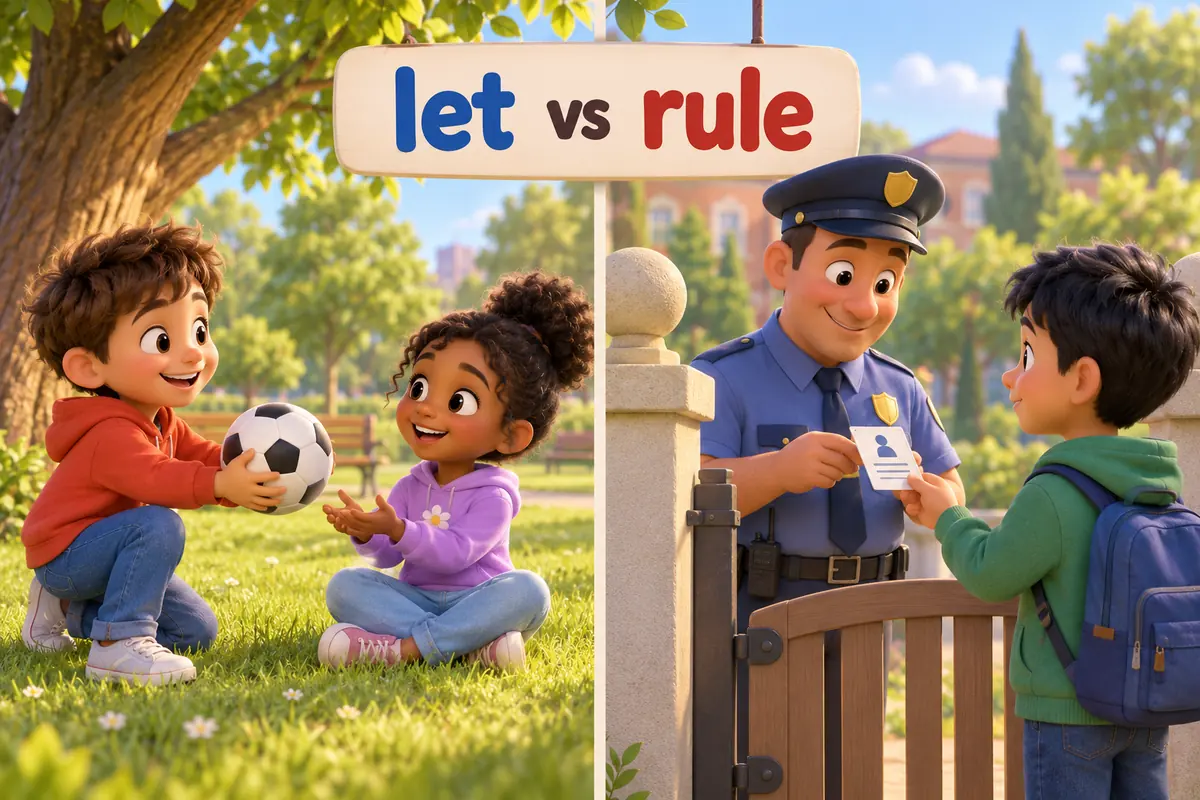 Two cartoon scenes side by side, a child letting a friend borrow a ball and a guard checking a printed pass at a gate.